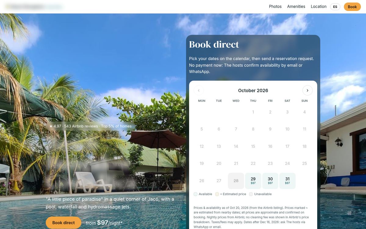 Vista de escritorio del sitio demo Beach Bungalow: portada con piscina y calendario de reservas