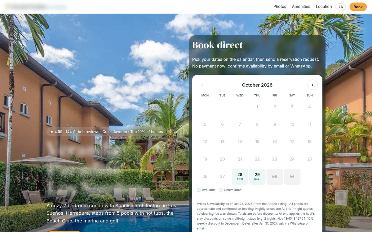 Vista de escritorio del sitio demo Veranda Paradise: portada del condominio y calendario de reservas
